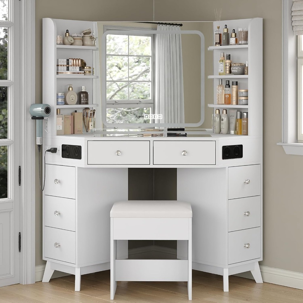 Desk Drawer Small - Corner Vanity Desk with Bluetooth Speaker,
