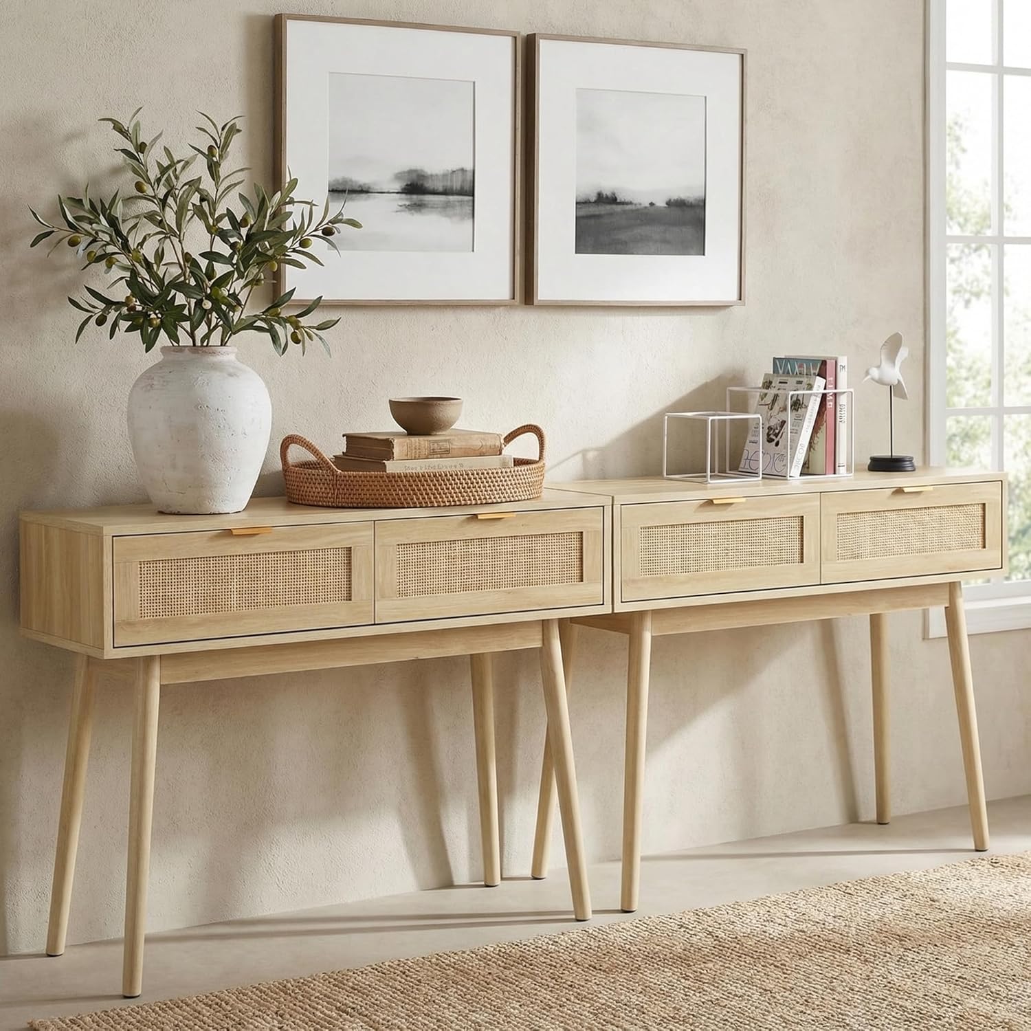 Desk Drawer Small - Console Table Rattan Desk with Drawers