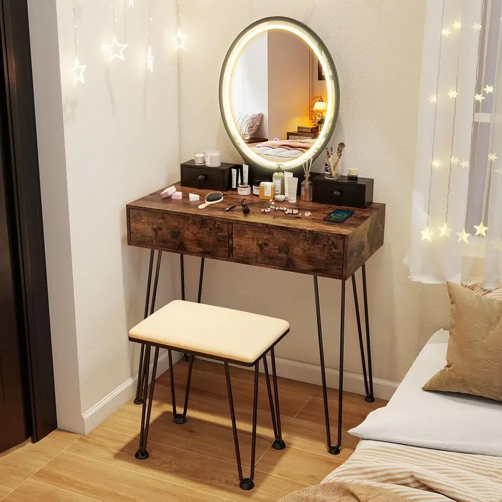 Desk Drawer Small - Rustic Brown Vanity Desk with Mirror,